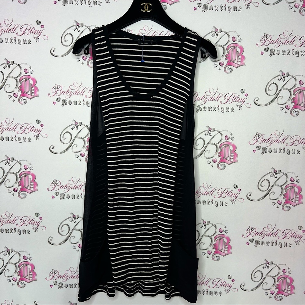 Bcbg maxazria tank top long mesh sides pockets white black striped mini dress